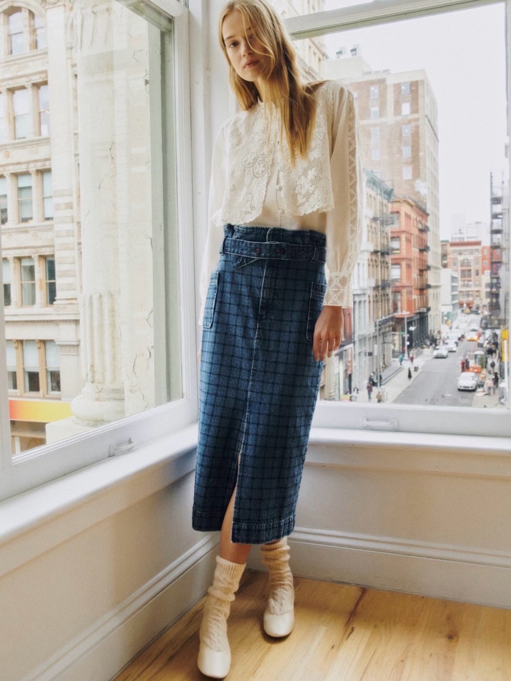 Sezane Pylla Skirt - Sézane X Sea Ny Denim With Navy Embroidery - Size 2